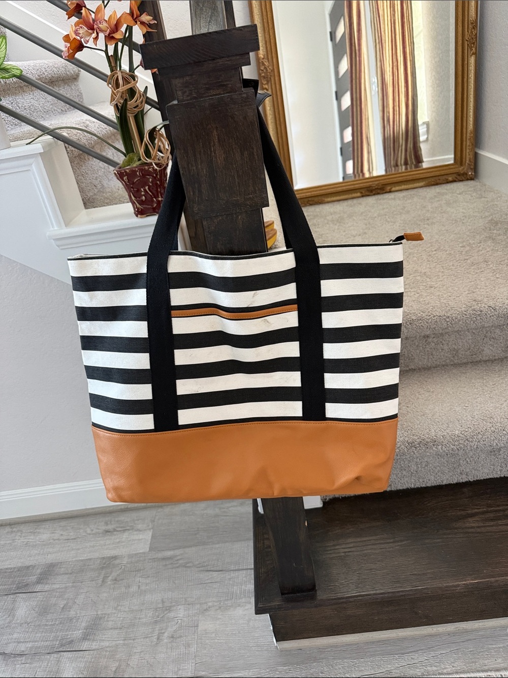 DSW Black and White Striped Tote with Tan Base